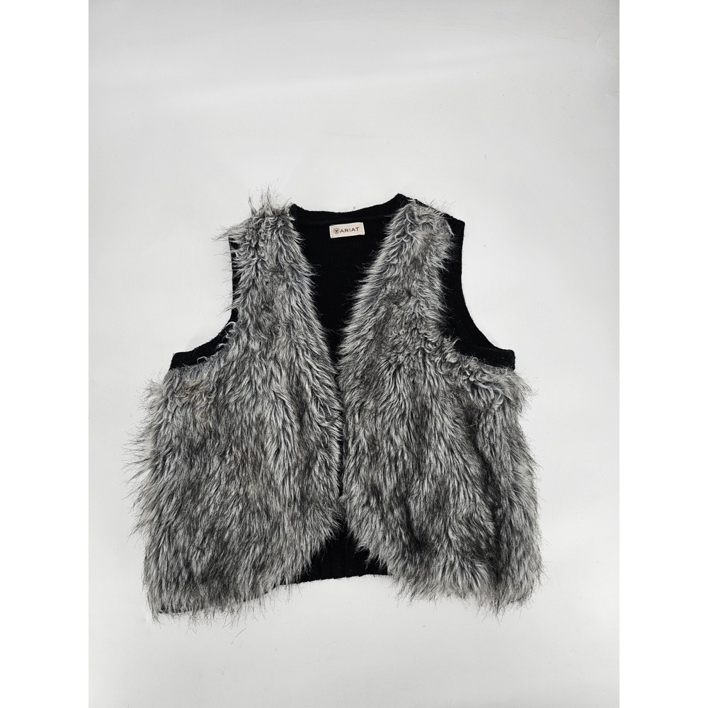 Ariat Womens Black Gray Faux Fur Wool Blend Knit‎ Open Sweater Vest Size Medium